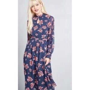 MODCLOTH Retro More To Adore Floral Print Dress Size Small Navy Long Sleeve NWOT